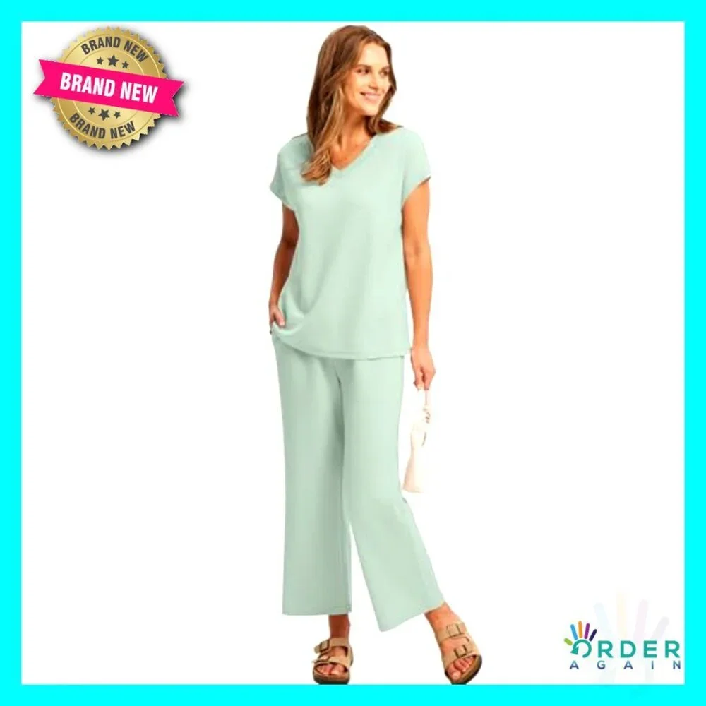 V-Neck Cap Sleeve Top Wide Leg Pants Two Piece Set Lounge Wear Travel Outfit